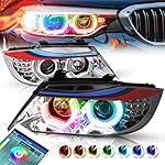 [Halogen Model] 3D Dual M-Style Eyelid RGB Color Change Halo LED Turn Signal Projector Headlights Compatible with BMW E90 3-Series 05-08, Driver and Passenger Side, Chrome Housing