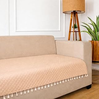 STITCHNEST 3 Seater Quilted Velvet Sofa Cover with Tassels | Elegant Beige Sofa Protector for Living Room | Soft, Washable...