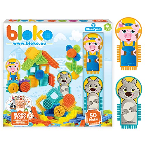 BLOKO – Coffret 50 BIoko avec 2 Figurines sur Le thème des 3 Petits Cochons et du Loup – Dès 12 Mois – Fabriqué en Europe – Jouet de Construction 1er âge – 503709