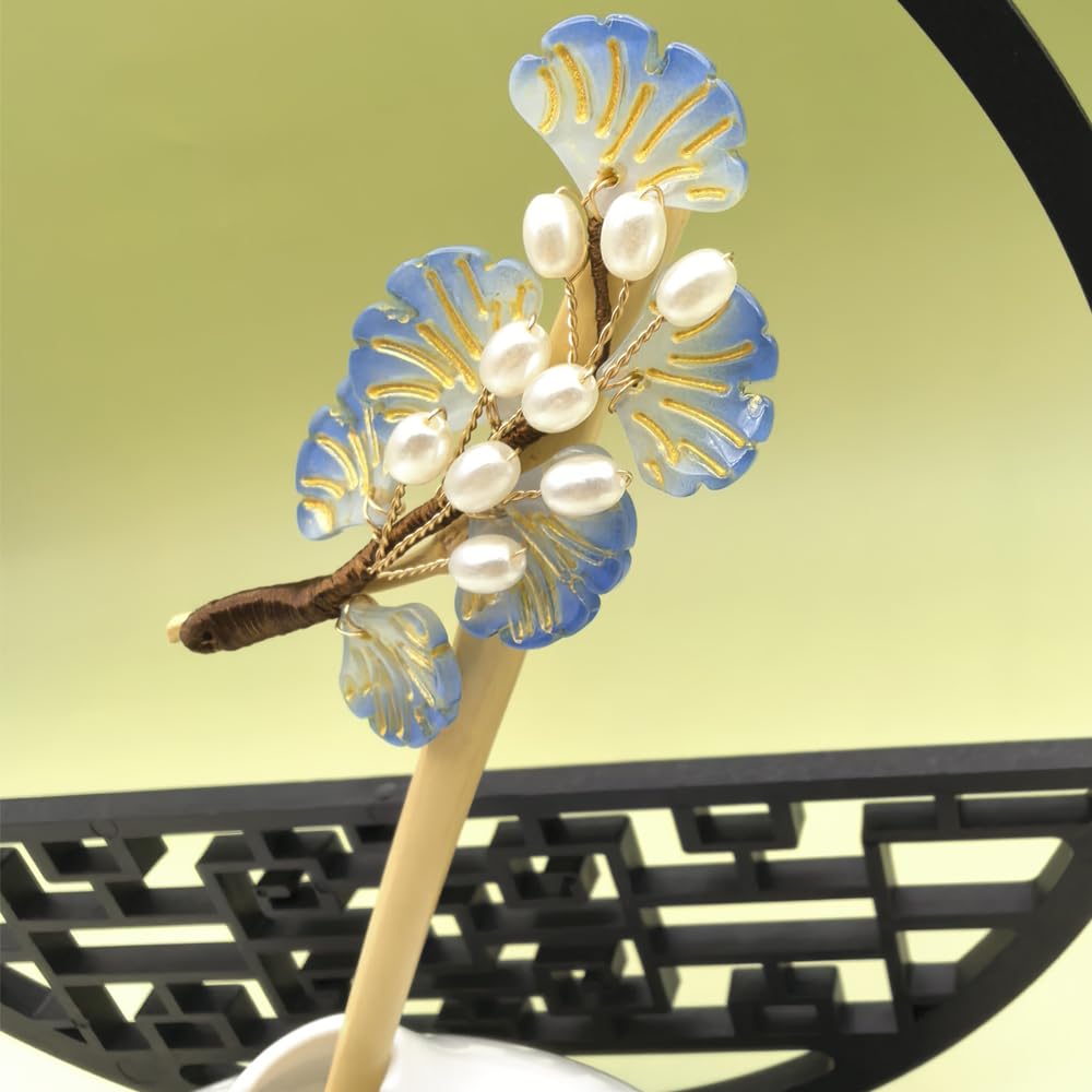 Blue Maple Leaf Hairpin with Pearl Cluster & Wooden Handle | Chinese Autumn Inspired, Hair Stick, Vintage Artistic, 1pc