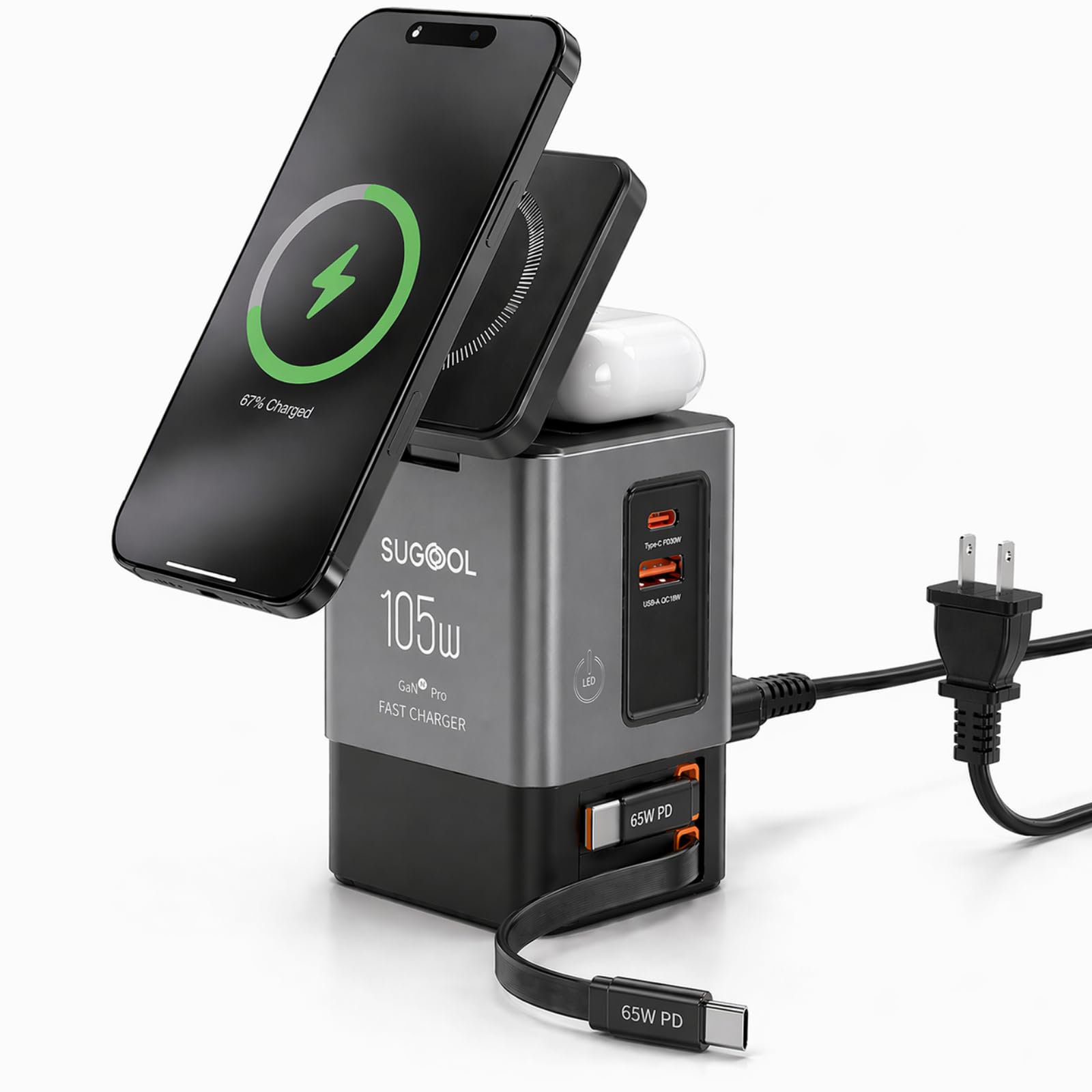105W Retractable Charging Station, 6-in-1 GaN Charger with Cables