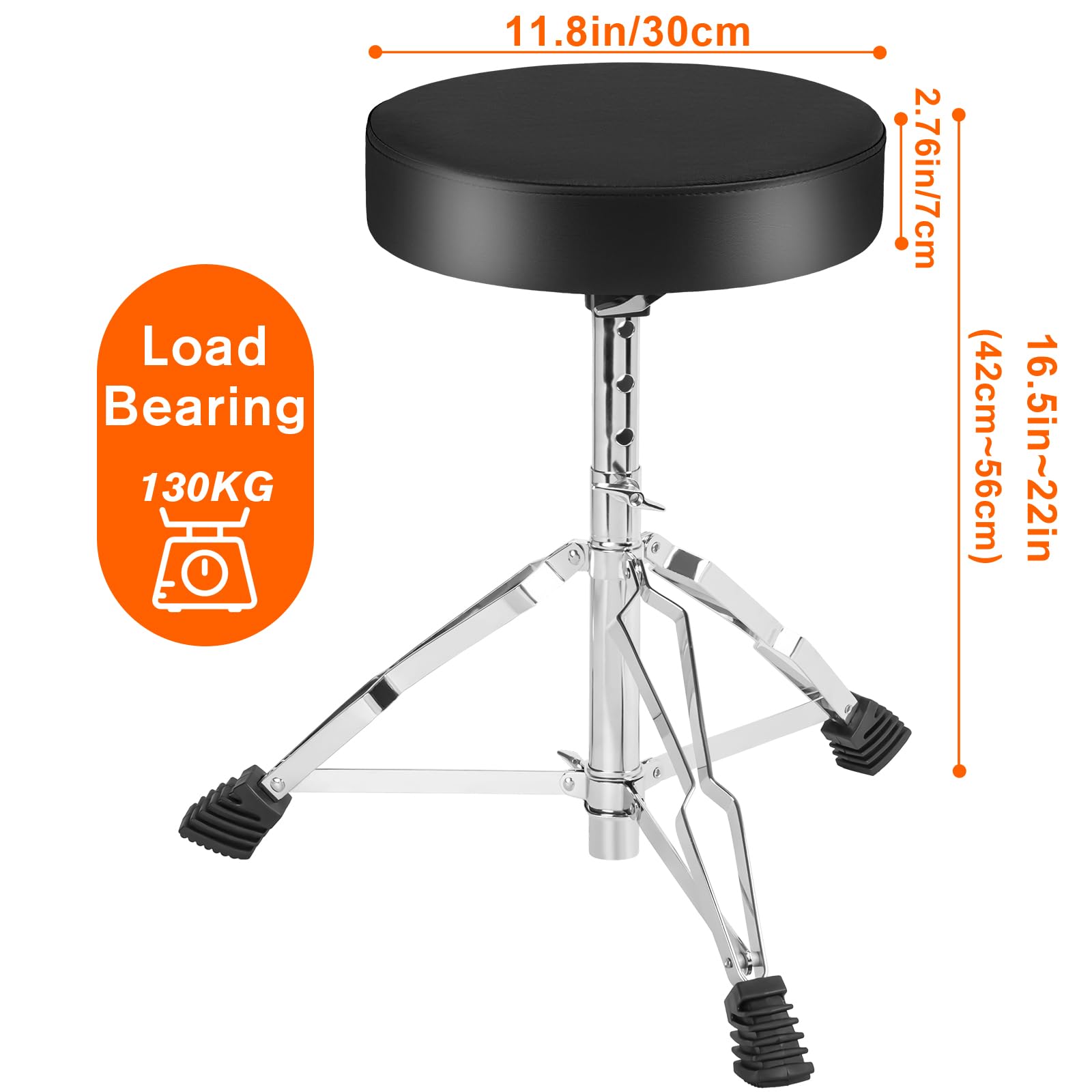 AKOZLIN Drum Throne, sgabello per batteria regolabile in altezza da 42 a 56 cm, con piedini antiscivolo, sedile pieghevole imbottito con bacchetta, per bambini e adulti