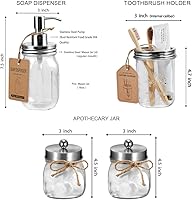 Vista 5 de Amolliar Mason Jar - Juego de accesorios de baño (4 piezas) - Dispensador de jabón de loción y 2 soportes para cepillo de dientes y soporte