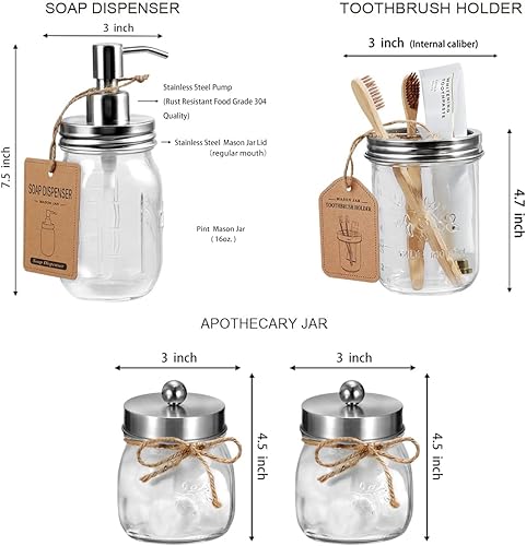 Miniatura 5 de Amolliar Mason Jar - Juego de accesorios de baño (4 piezas) - Dispensador de jabón de loción y 2 soportes para cepillo de dientes y soporte para