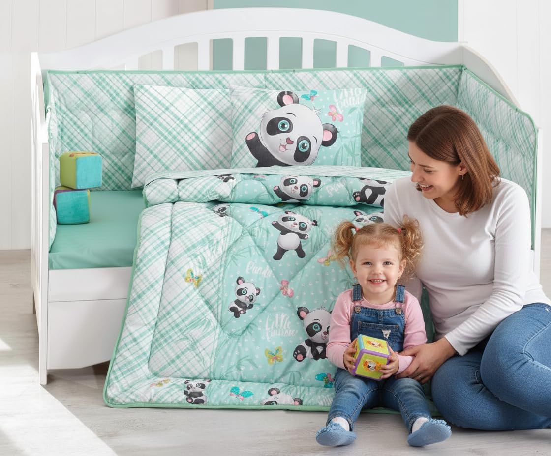 Cute Panda Bedding Set - 100% Cotton Nursery Crib Set for Girls Boys Unisex, 6 Pieces Baby Comforter/Quilt Set, Comforter, Crib Sheet, Pillowcases,
