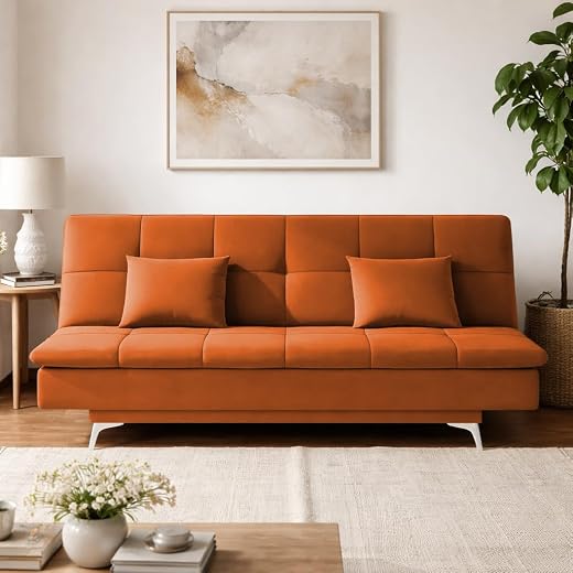 Adorn India Premium New Aspen 3 Seater Sofa Cum Bed 4X6 Velvet Suede with 2 Cushions (Color Orange) and Suitable for All I...