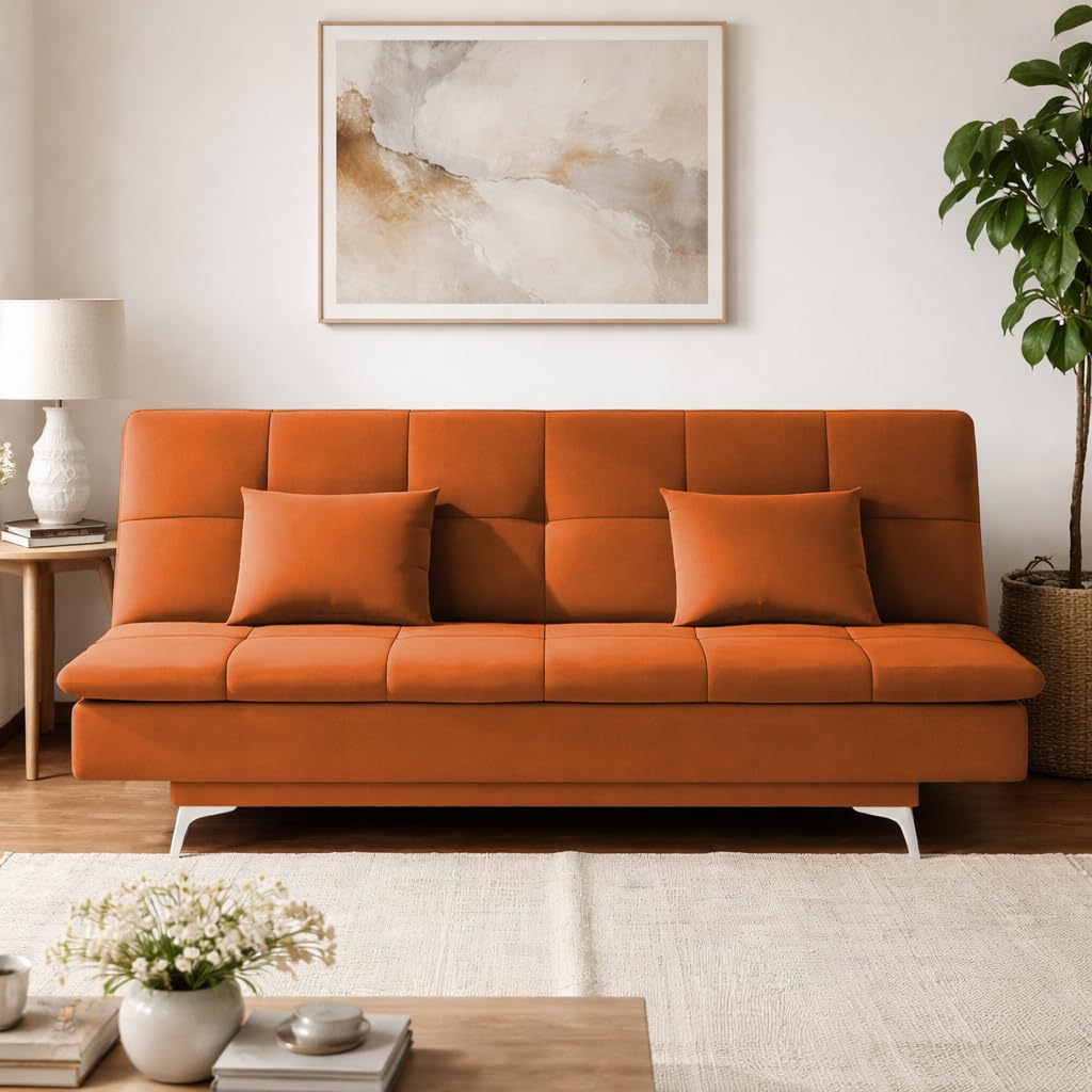 Adorn India Premium New Aspen 3 Seater Sofa Cum Bed 4X6 Velvet Suede with 2 Cushions (Color Orange) and Suitable for All Indoor, with 3 Years Warranty