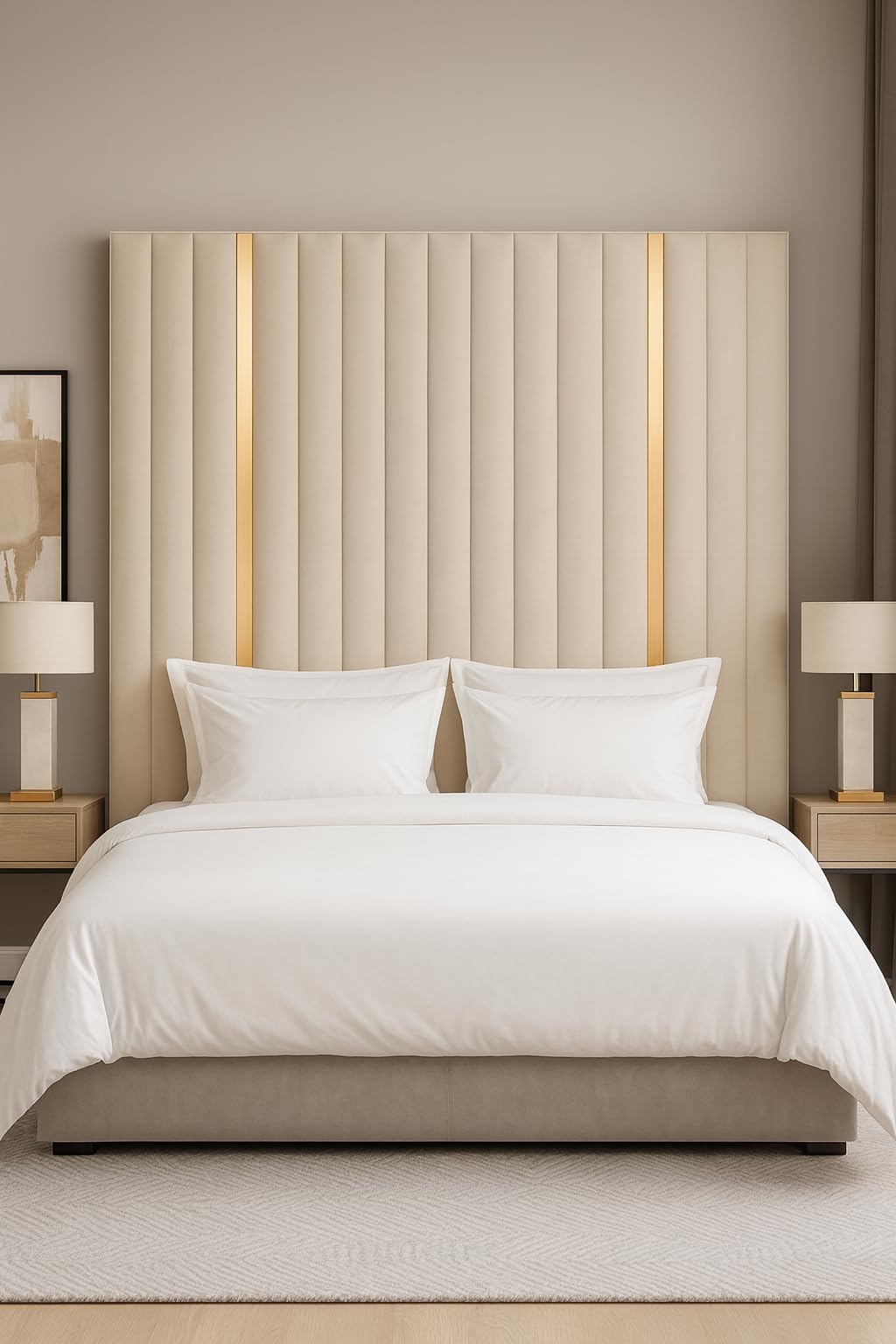 Spring Well Extra Tall Wall Mounted Upholstered Headboard,Clarance Plush Velvet Panelled Design with Gold Trim, Single, Double, King & Super King Sizes (Cream, 3ft Single-127cmTall)