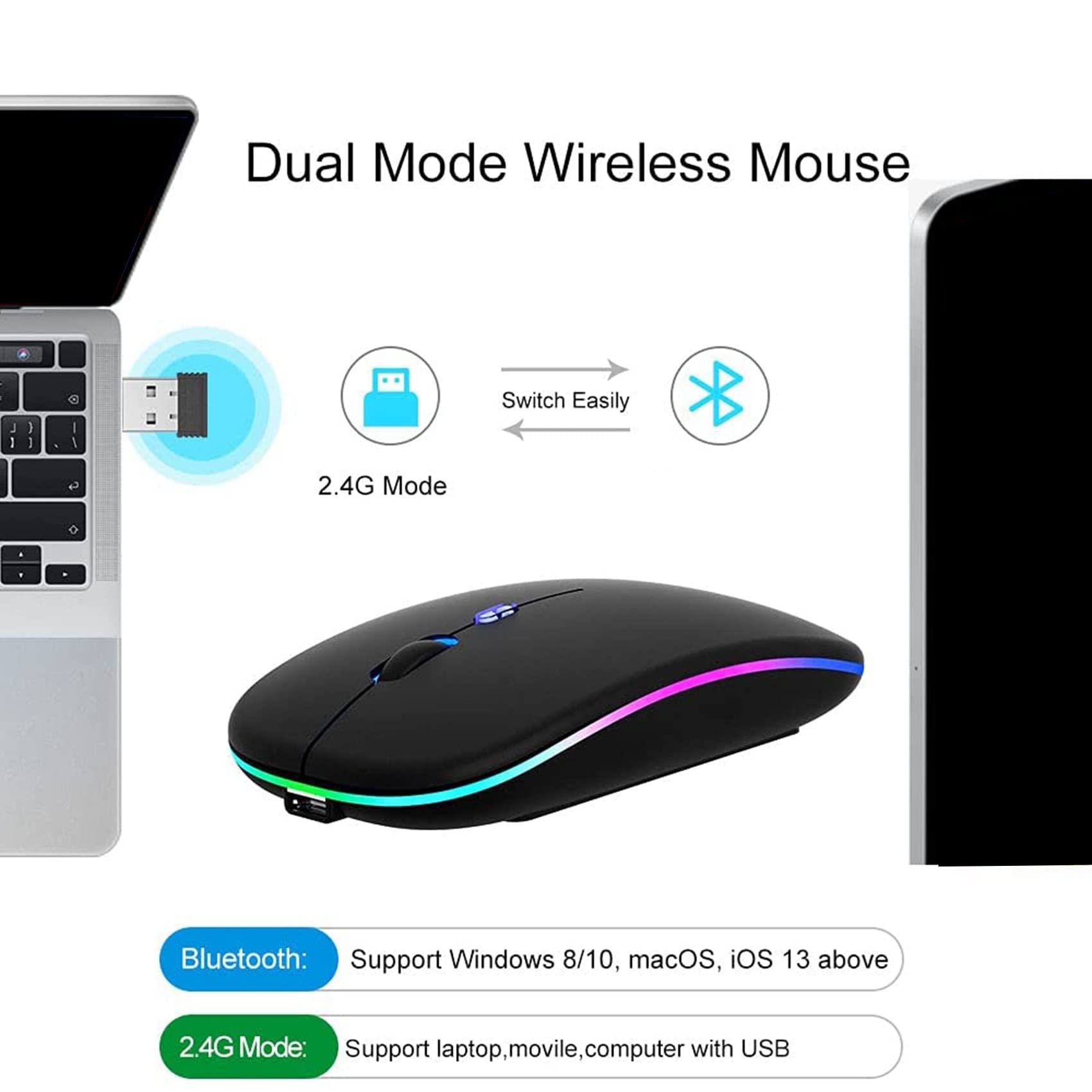 Mouse Wireless Bluetooth 5.1 Ricaricabile Con LED RGB - Ergonomico E Silenzioso, 2.4G Ottico