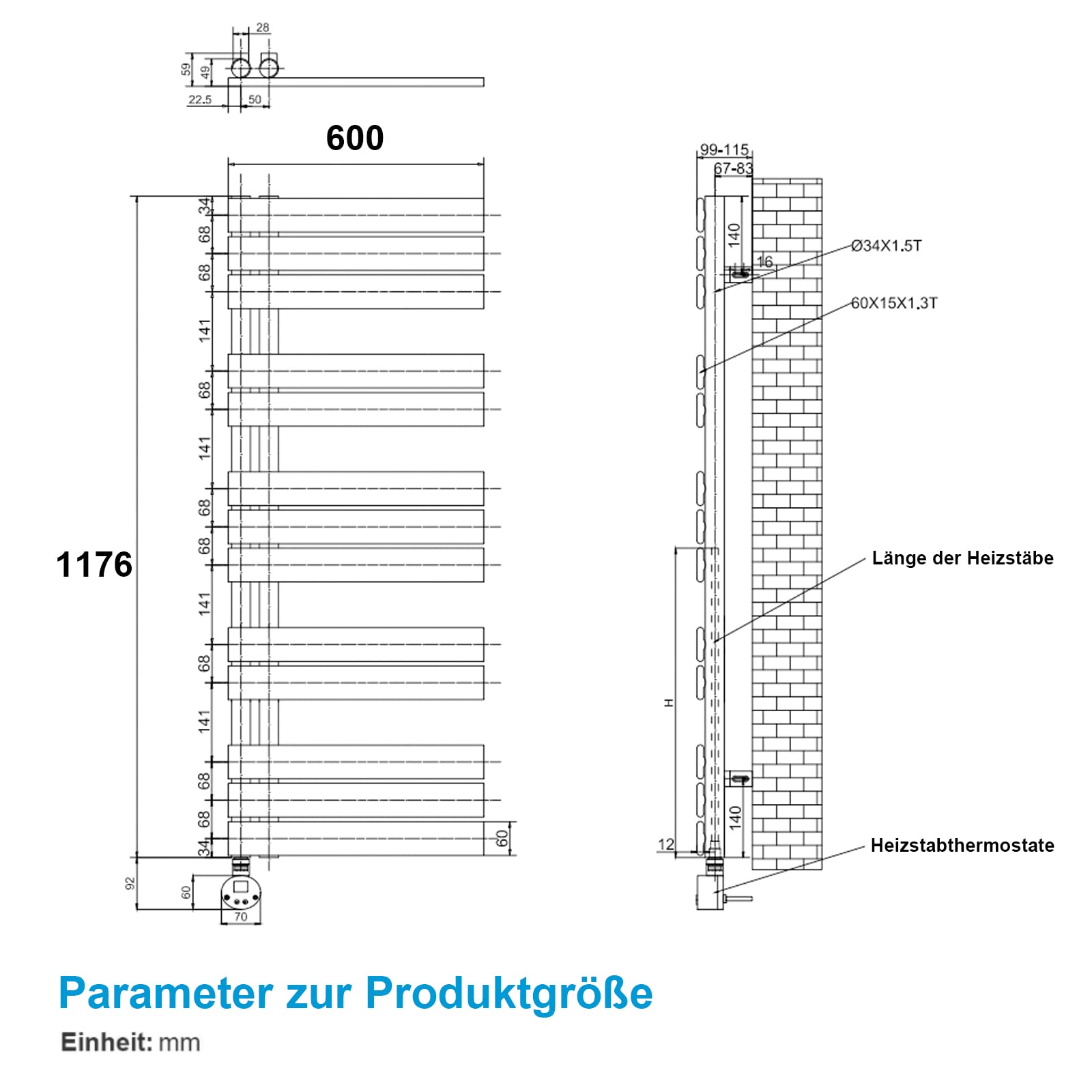 Heilmetz Badheizkörper Elektrisch 1176x600mm 600 Watt Digitaler Thermostat Handtuchheizkörper Timer-Funktion