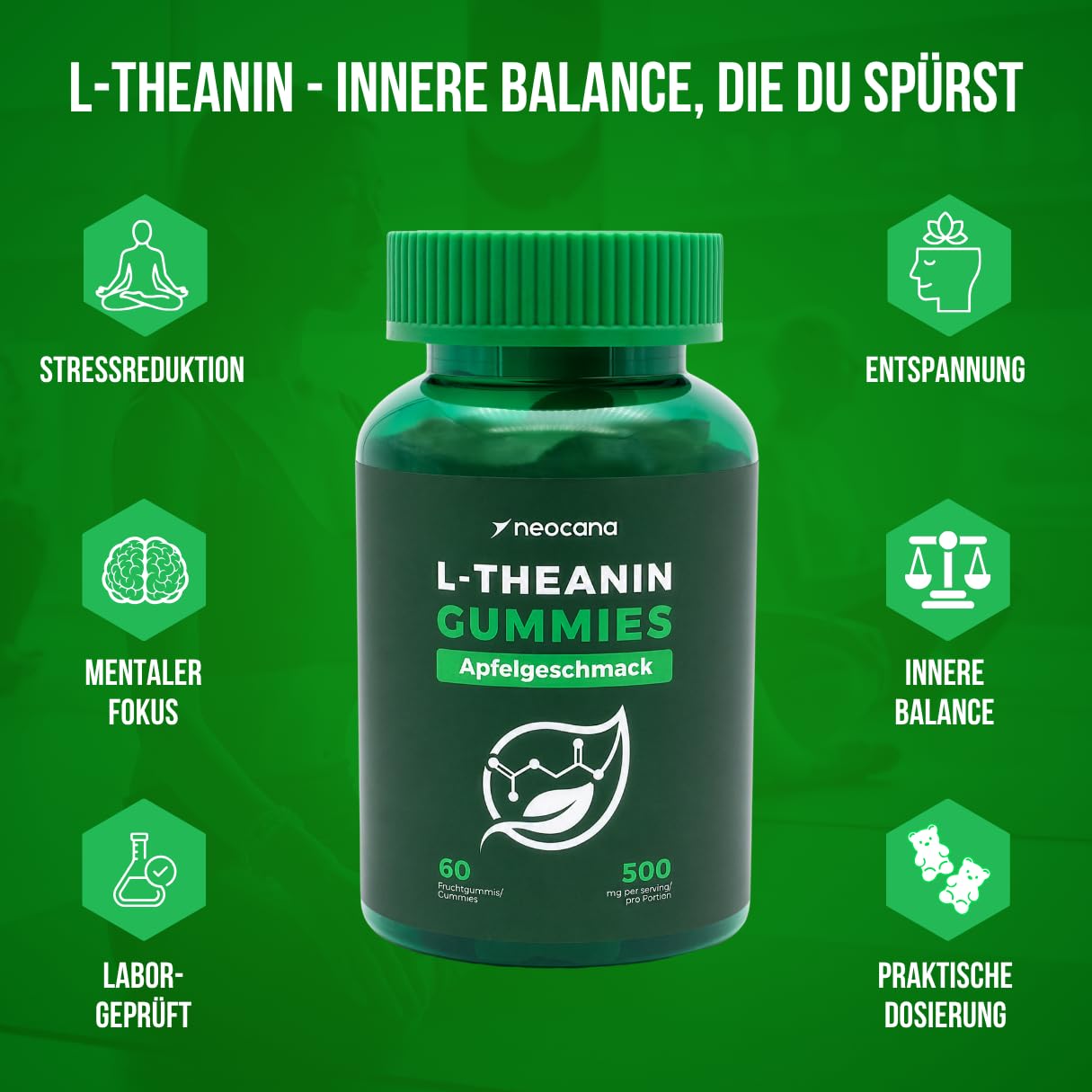 3er Pack L-Theanin Gummies 500 mg pro Portion – Apfelgeschmack - Hochdosierte vegane L-Theanine Fruchtgummis mit Kamillenextrakt, Magnesium, Rhodiola & Lavendel - Nahrungsergänzungsmittel - 60 Stück