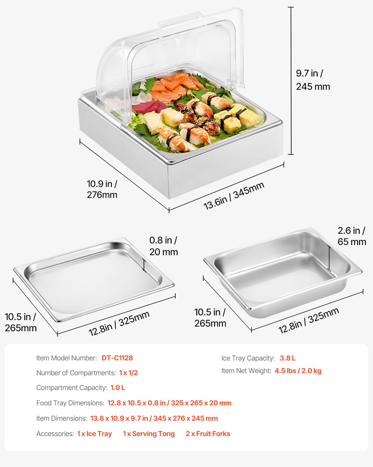 VEVOR Contenedor de Exhibición para Servir Alimentos sobre Encimera, de Acero Inoxidable, 1 x 1/2 Sartén, con Tapa Transparente y Bandeja de Hielo, para Restaurante, Fiesta, 345 x 276 x 245 mm
