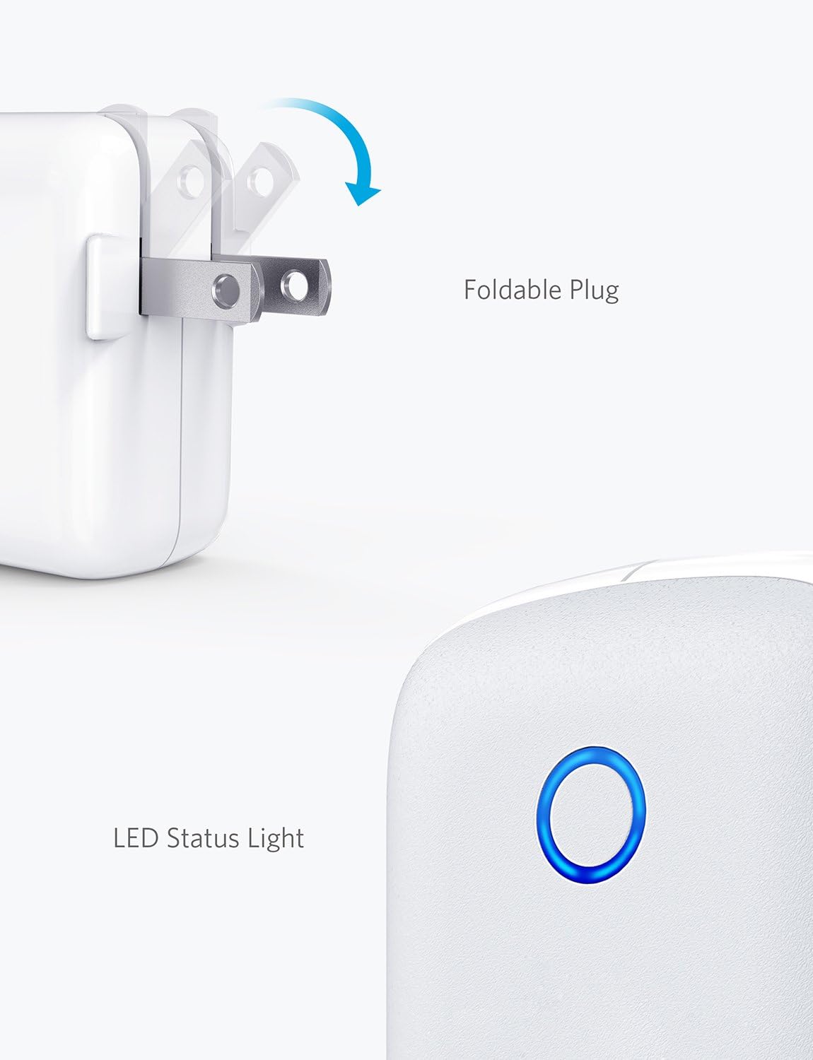 Close-up of the Anker PowerPort II 24W charger showing the foldable plug mechanism and the blue LED status light.