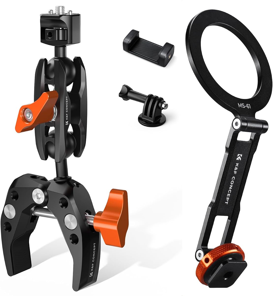 K&F CONCEPT Brazo mágico con montaje de súper abrazadera con dos cabezales de bola de 360°, soporte magnético para teléfono de metal con soporte para zapata fría