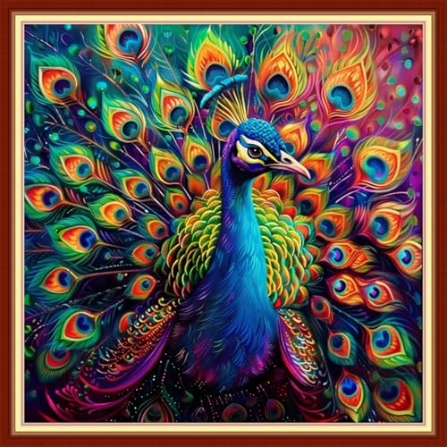 Image of Joyhoor Stamped Cross Stitch Kits for Beginners, Needlepoint Kits for Adults, 11CT Counted Embroidery Kits-Colorful Peacock 18x18 inchs