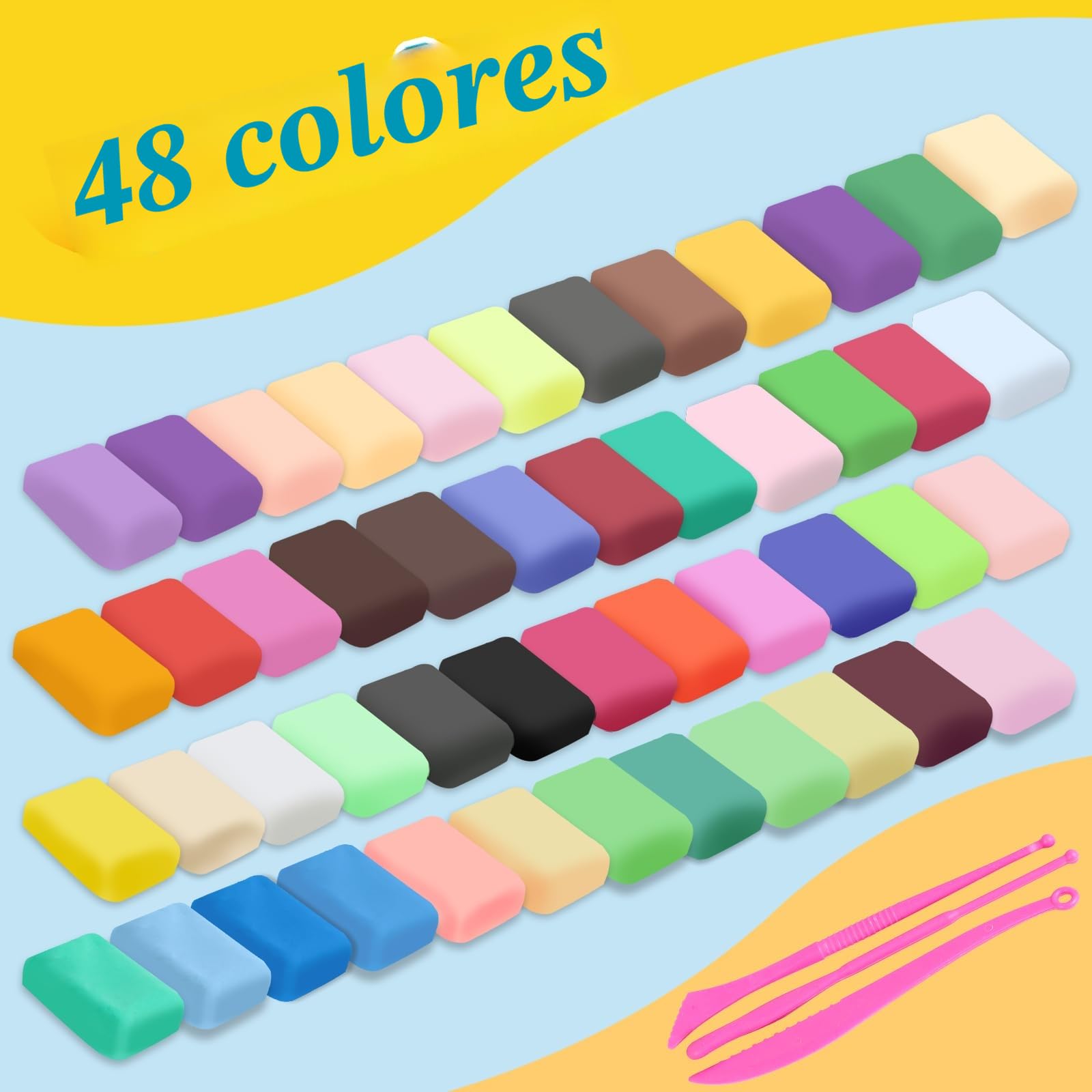 48 Colores de Arcilla Secado al Aire, Arcilla Polimérica Secado al Aire, Pasta Modelar Secado al Aire, Arcilla de Colores para Niños, Regalo para Niños y Niñas de 3-12 Años