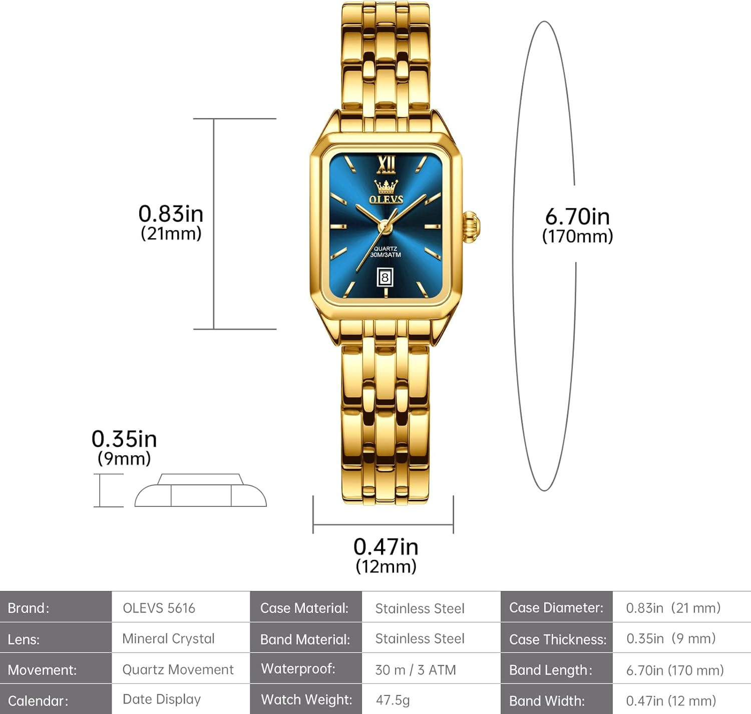 OLEVS Women's Gold Stainless Steel Watch, Small Square Face Diamond Decorated Ladies Watch, Luxury Analog Quartz Women Dress Watch, Fashion Calendar Date Waterproof Wrist Watch for Women - Image 6