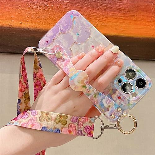 Miniatura 3 de LMEIL Funda con correa de muñeca con diseño de flores y diamantes para Samsung Galaxy S22 Ultra S21FE S20FE A73 A53 A52 A33 A32 5G A23 A22 A13 A12,