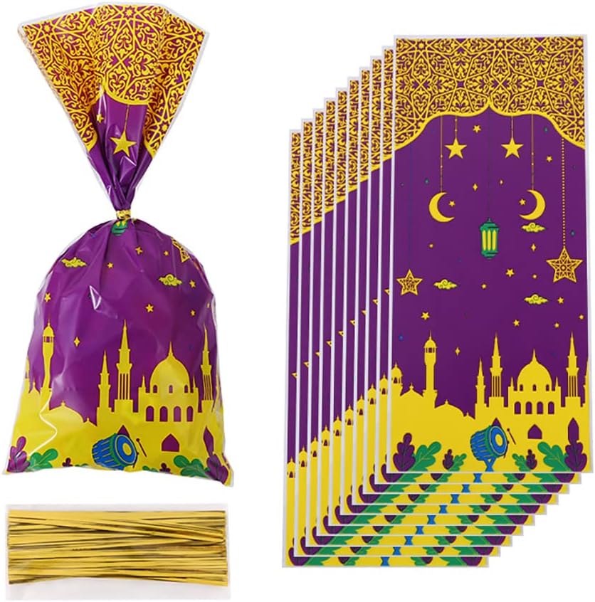 Plastic Cellophane Candy Cookie Treat Goodies Gift Bags 100pcs in 4 Muslim Colors And Castle Moon Star 4 different Patterns With Gold Twist Ties for Eid Mubarak Ramadan Muslim Islamic Eid Iftar Diwali - Image 3