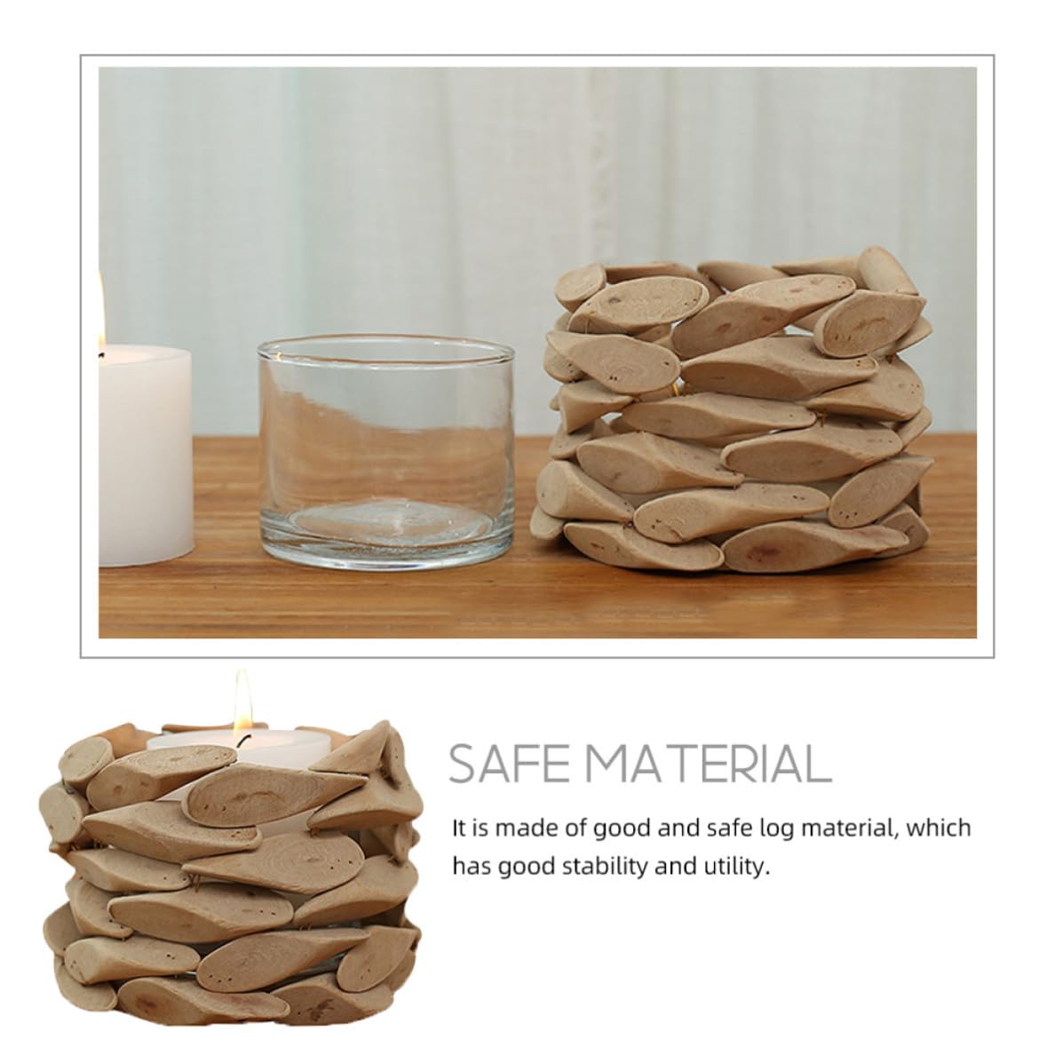 Portacandele Decorativo Rotondo in Legno, Artigianale, Khaki