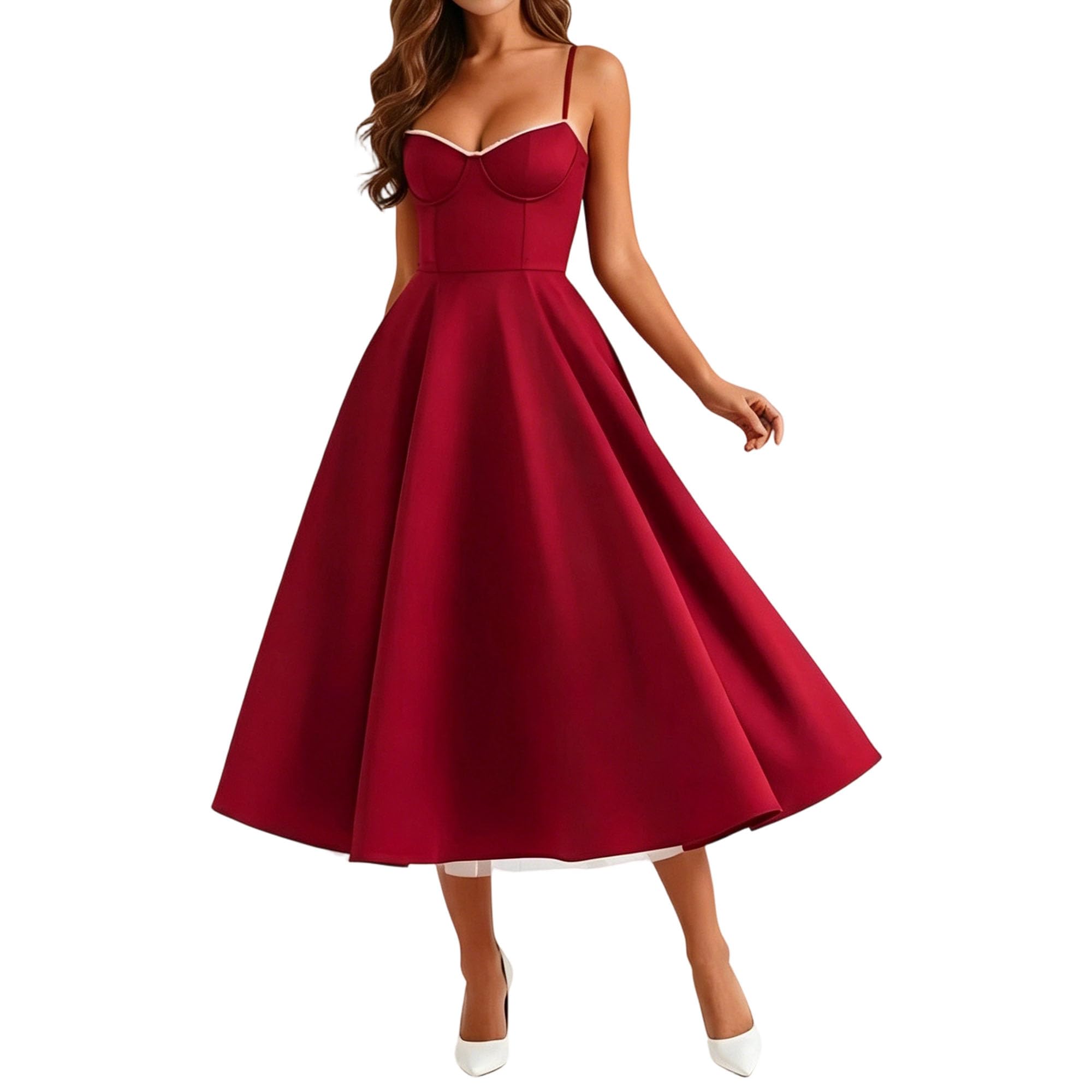Vestido Midi de Tirantes Finos para Mujer, Corte A, satén, Formal, Noche, Burdeos, Talla Grande