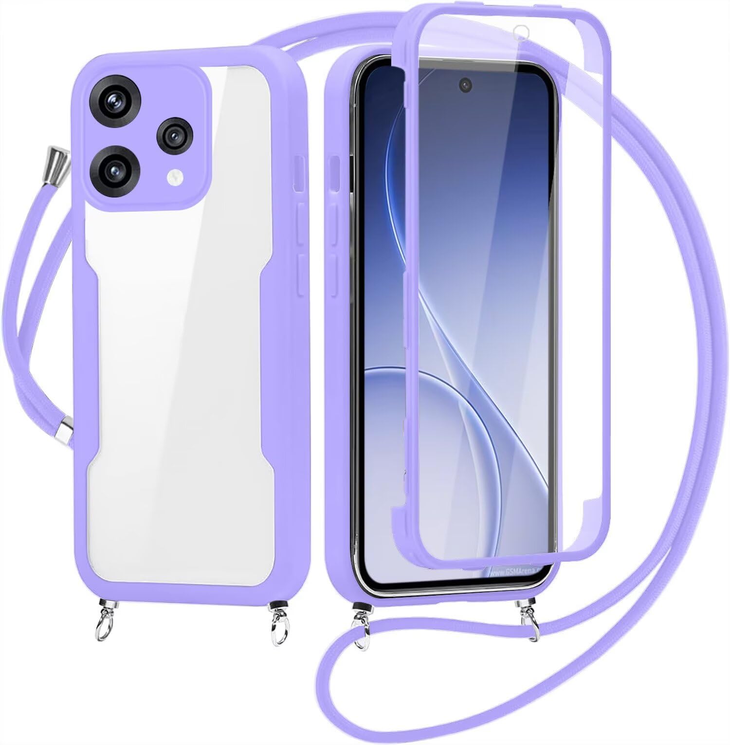 Crossbody Lanyard Case for Oppo Reno 15 Pro Max with Strap,360° Full Body with Built-in Screen Protector Touch Sensitive Shockproof Soft TPU Bumper Necklace Phone Case Protective Cover(Purple)