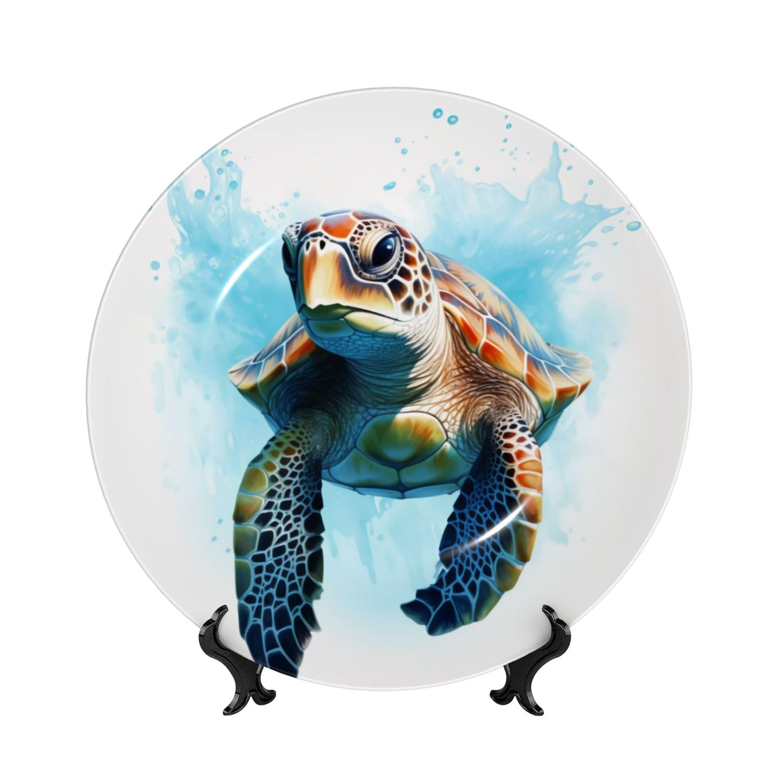 SXZVVBN The turtles are swimming Bone China Decorative Plate Art with Stand Removable Adhesive Hanging for Home Office 7in