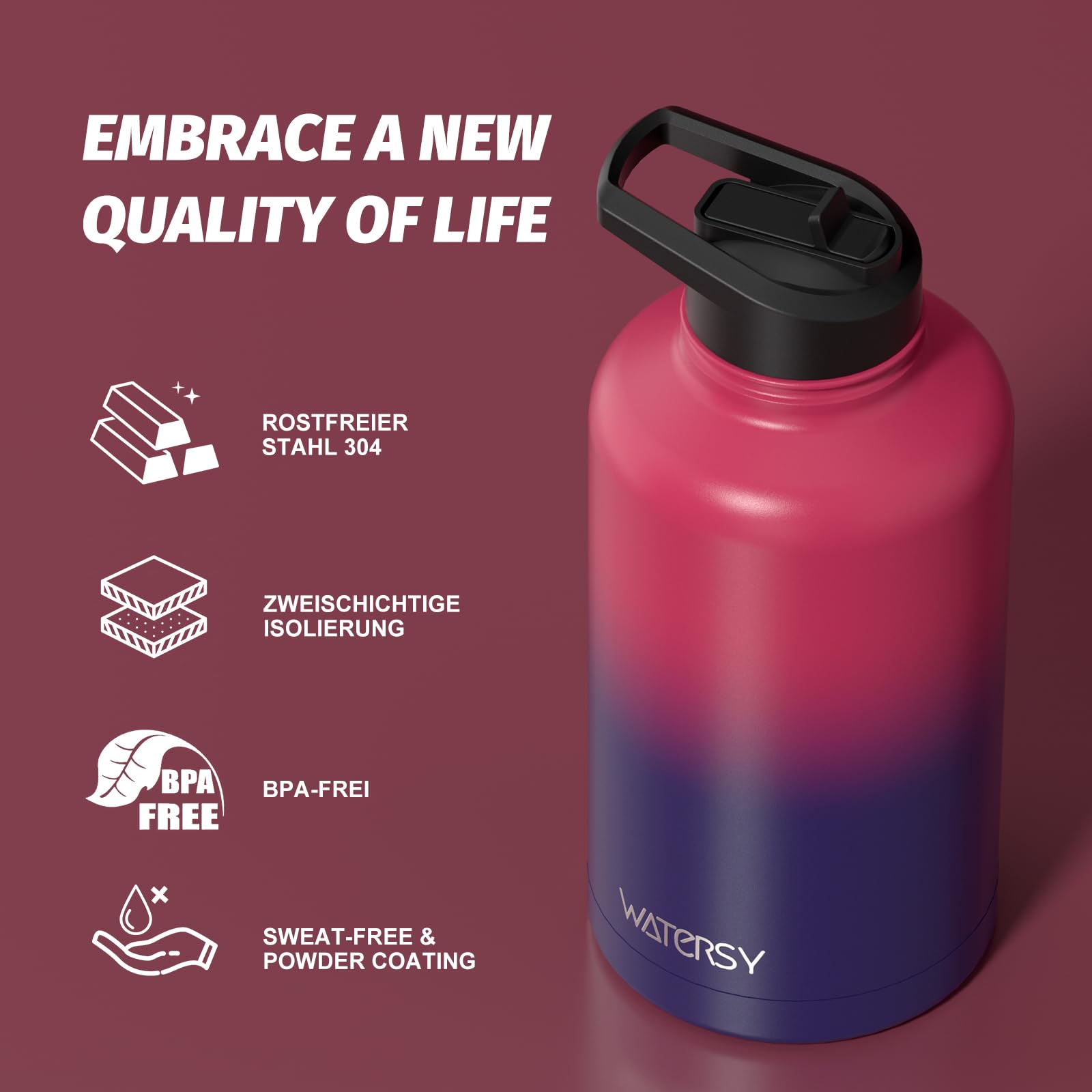 WATERSY Borraccia Termica 2L Acciaio Inox, Grande Bottiglia Termica Impermeabile con 2 Coperchi e Cannucce - Senza BPA per Palestra, Escursionismo, Campeggio e Sport (Rosso/Blu)