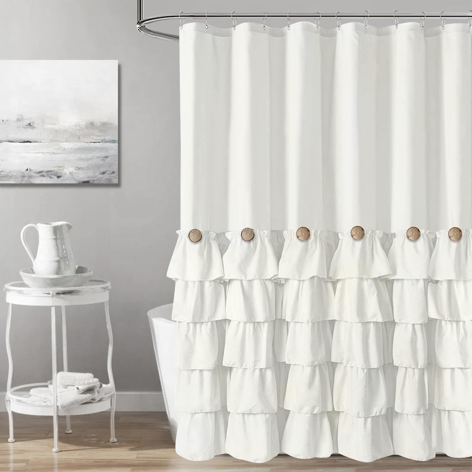 Seasonwood Ivory Shower Curtain Cute Ruffle Shabby Chic Button Design Country Style,72x72 inch