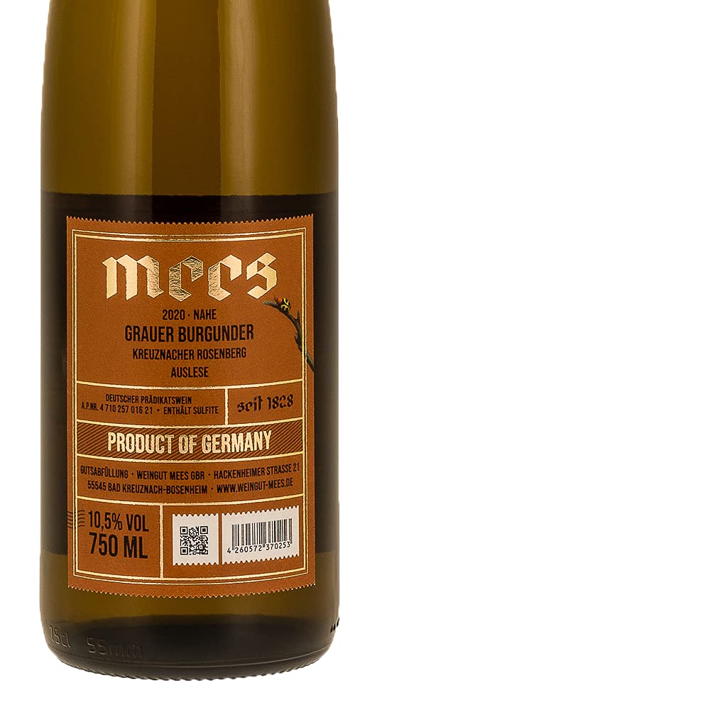 WEINGUT MEES | Grauburgunder Auslese edelsüss 2020, 6 x 0,75l - Kreuznacher Rosenberg - Nahe | Süss-Wein aus Deutschland im Set | Hochwertiger Weisswein mit Prädikat im Paket 100% Grauer Burgunder