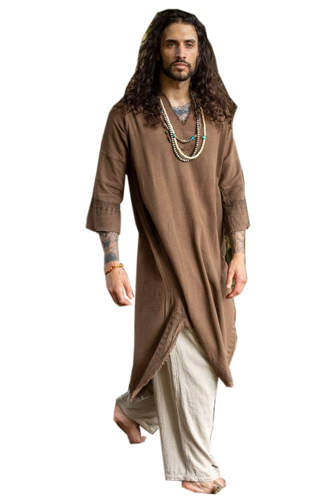 AJJAYAYOSEPH Brown Aramaic Gown Kurta Long Top Male Dress Shirt Biblical Natural Cotton Handwoven Block Print Natural Plant