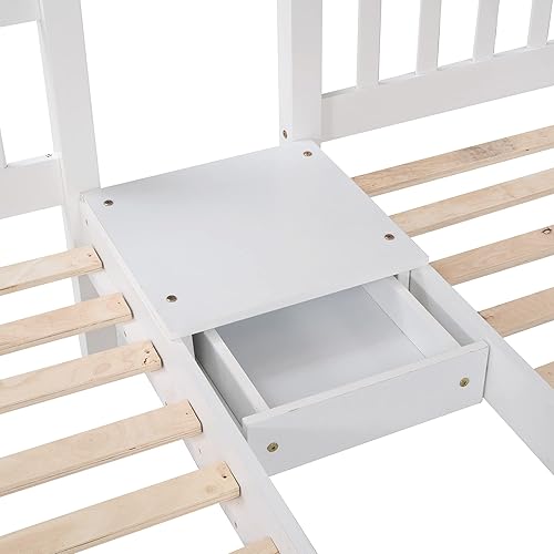 Miniatura 18 de Litera triple de madera maciza con cajones de almacenamiento y escalera, base de litera resistente con barandillas de protección para niños y