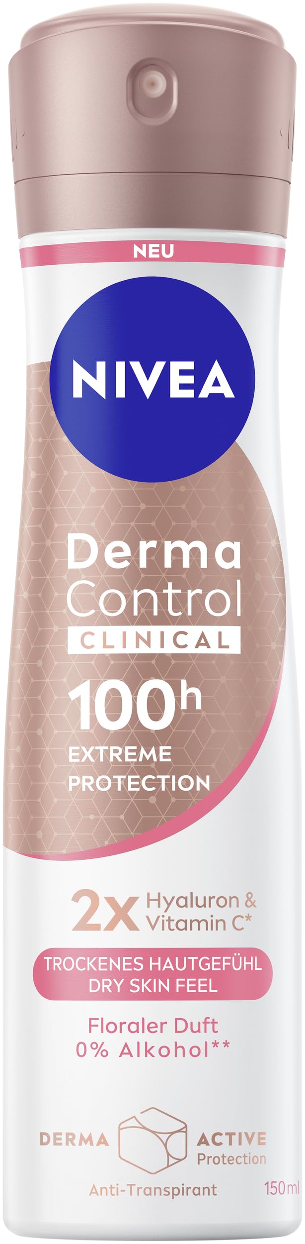 NIVEA Derma Control Clinical trockenes Hautgefühl Deo Spray, Deodorant mit 100h Anti-Transpirant-Schutz, pflegendes Antitranspirant mit 2x Hyaluron und Vitamin C (150 ml)