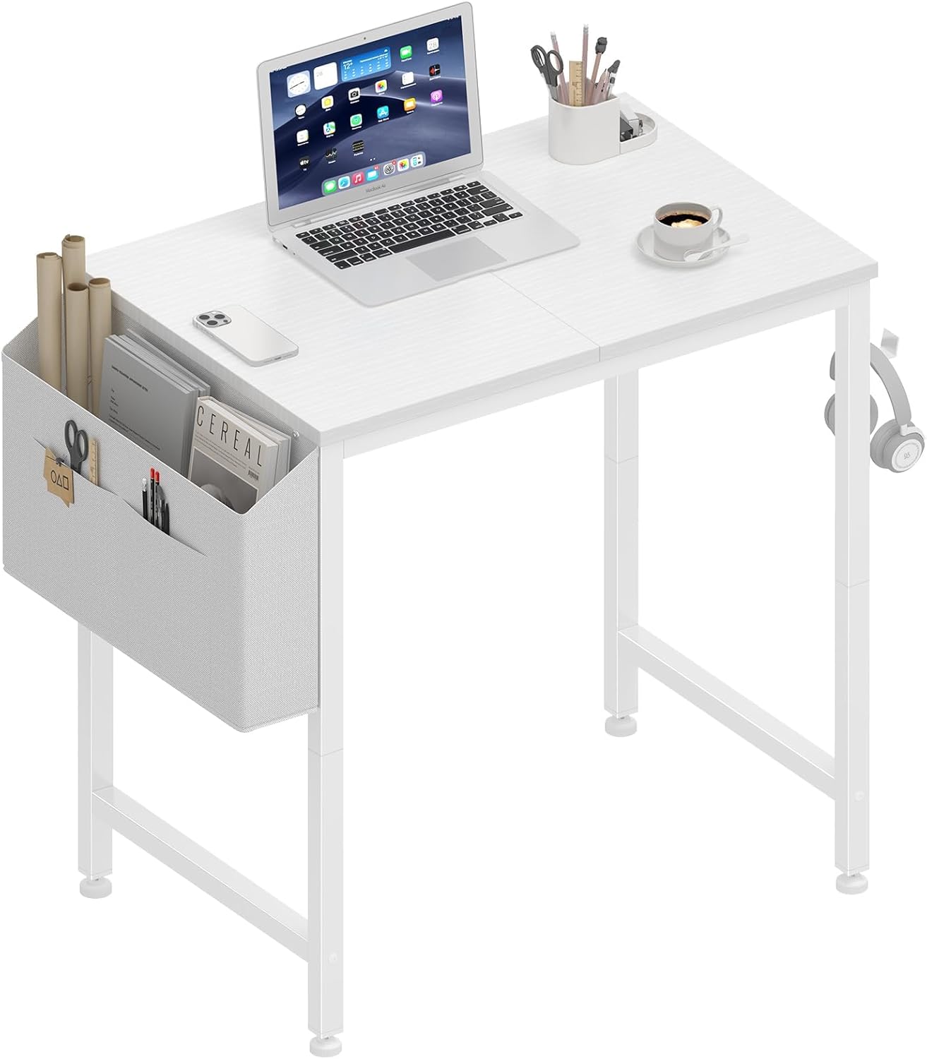 Lufeiya 24 Inch Small White Desk for Kids Bedroom - Study Writing Laptop Table with Storage Bag & Headphone Hooks