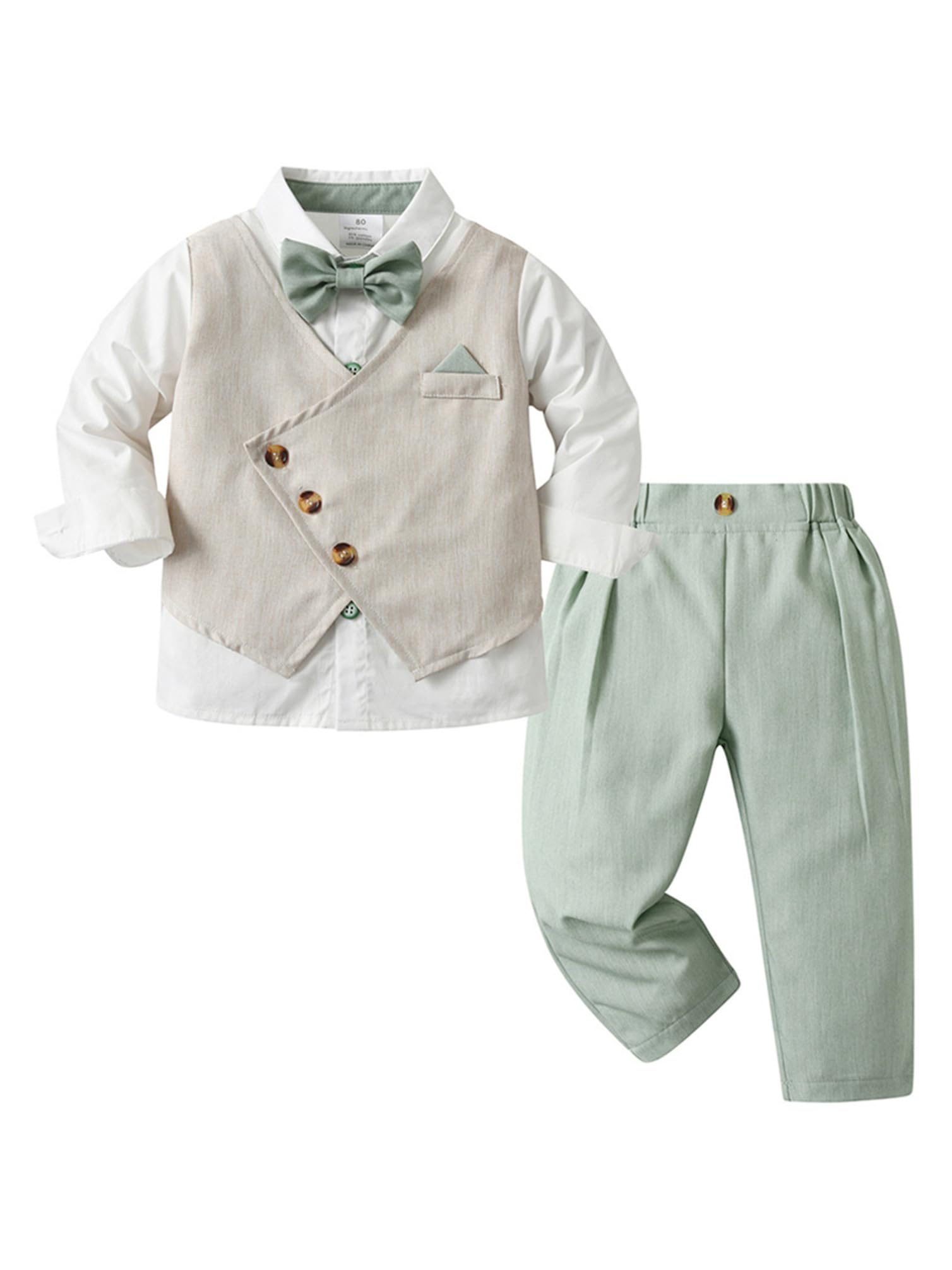 Baby Jungen Anzug Gentleman Outfit Langarm Fliege Hemd + Weste + Hose Kleinkinder Festlich Bekleidungsset Taufanzug Hochzeitanzug Festanzug Grün Q 68-80