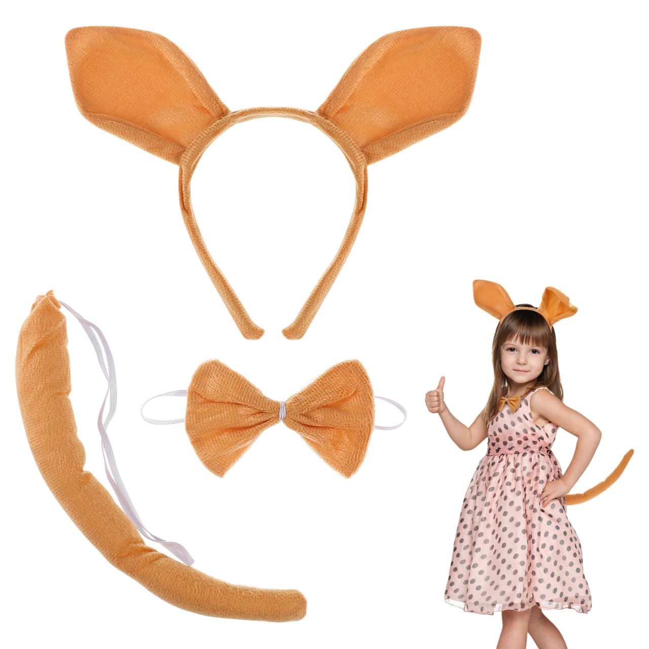 FOMIYES 3Pcs Kangaroo Costume Set, Kangaroo Ears Headband, Bow Tie and Tail, Animal Cosplay Accessories Fancy Dress Costume Kit for Halloween Birthday Party Performance for Kids & Adults