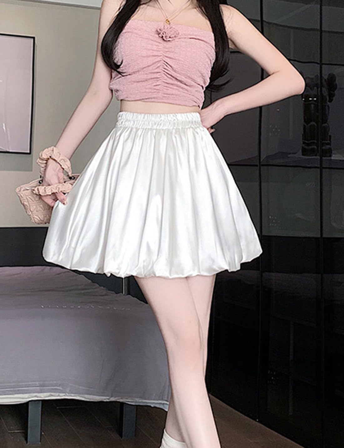 Womens Satin Silky Lantern Skirt Flower Bud Shorts Elastic Waist Wide Leg Short Pants Pleated Skorts Bloomers