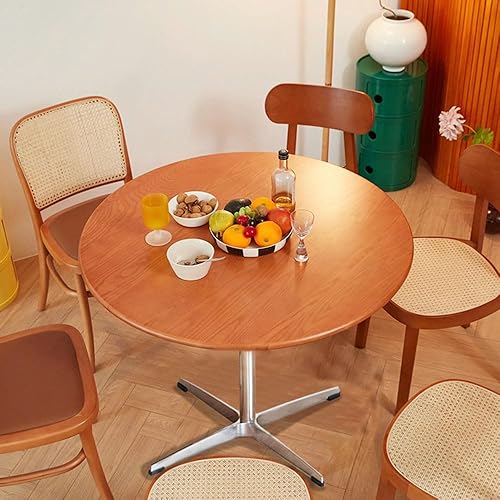 Miniatura 5 de Mesa de comedor redonda moderna de madera maciza con base de metal cruzada, mesa pequeña de madera marrón para oficina, mesa de centro pequeña para