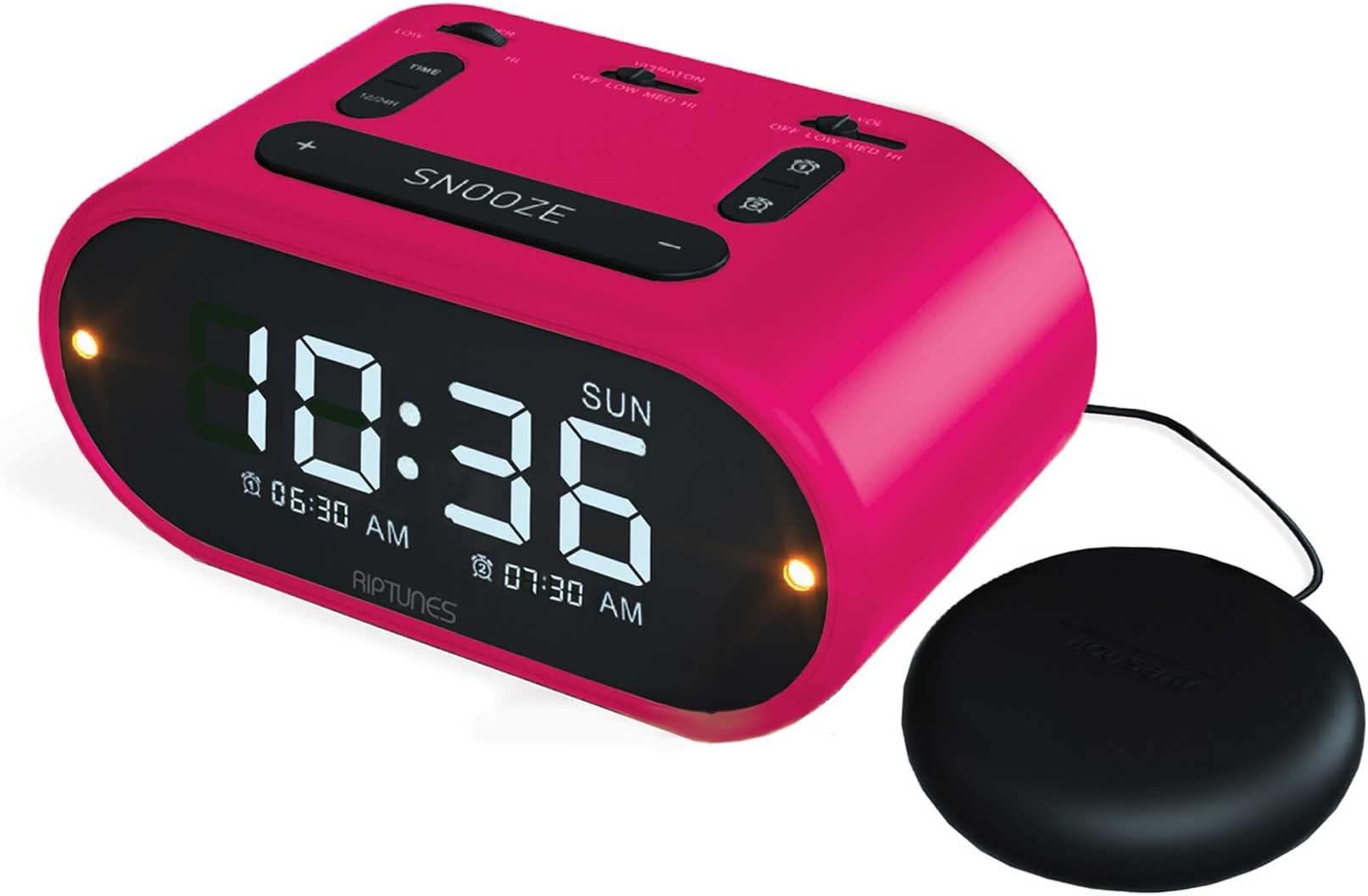 Riptunes Loud Alarm Clock with Bed Shaker for Heavy Sleepers & Hearing Impaired - Dual Alarm for Bedroom Weekday and Weekend Settings USB Charging, Dimmer, Snooze