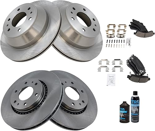 TRQ Kit de pastillas de freno y rotor de cerámica delantero y trasero con productos químicos compatibles con camiones GM SUV