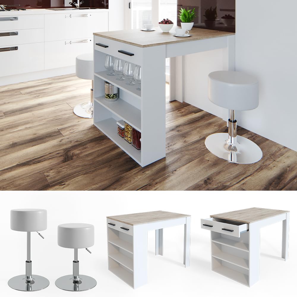 Vicco Juego de Mesa de Comedor Repose, Sonoma/Blanco, 67 x 100 cm | con 2 taburetes, apto como superficie de trabajo o área adicional de almacenamiento
