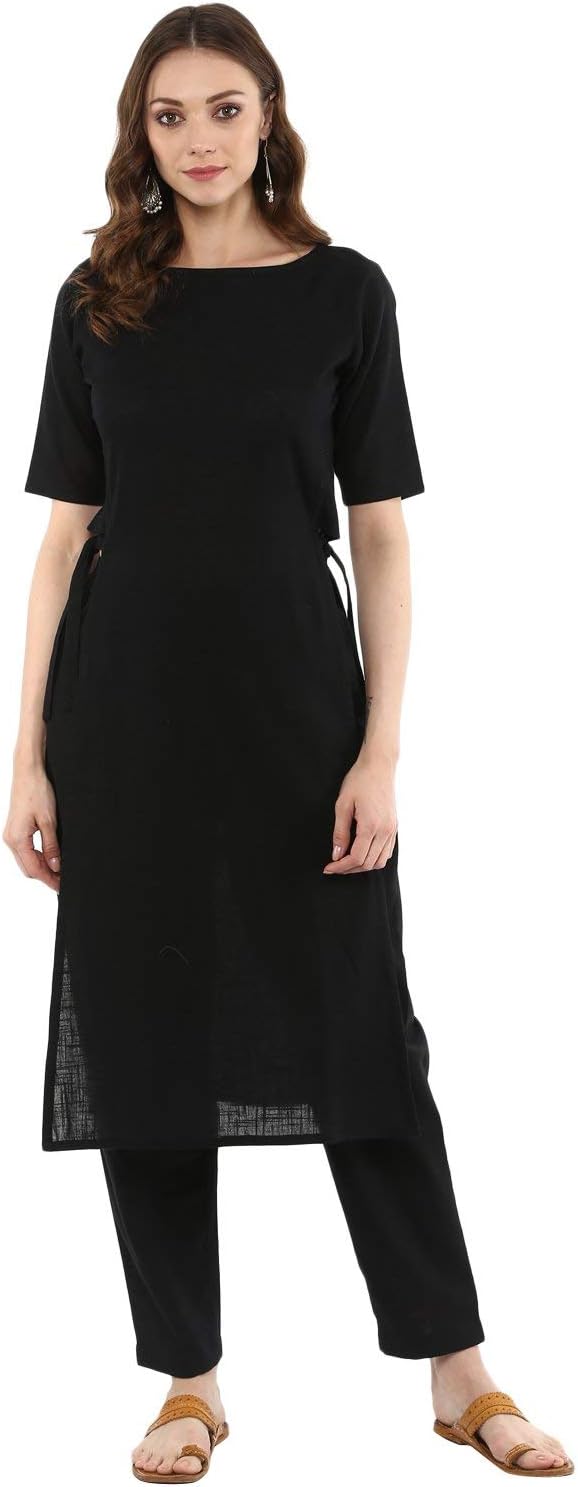idaLia Rayon Solid Straight Black Kurta Set for Women Round V Neck Designer Kurta with Pant
