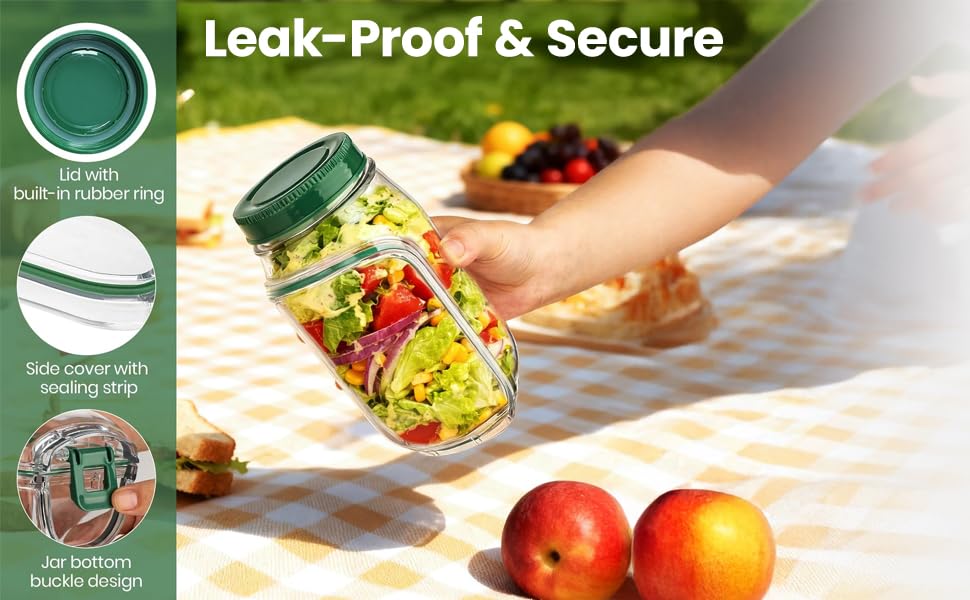 Image of Side-Open Mason Jar Salad Container - Leakproof Vertical Layering Jar with Built-in Dressing Cup, Reusable Portable Lunch Jar for Office, Picnic & Travel (Green, Pack of 1)