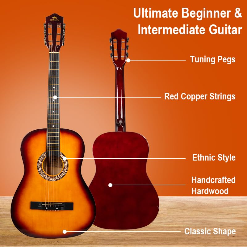 Image of 38in Beginner Acoustic Guitar Basic Starter Kit Bag Capo Strings Winders Strap Picks Student /Kids Guitar Pickguard with Gig Bag Sunburst