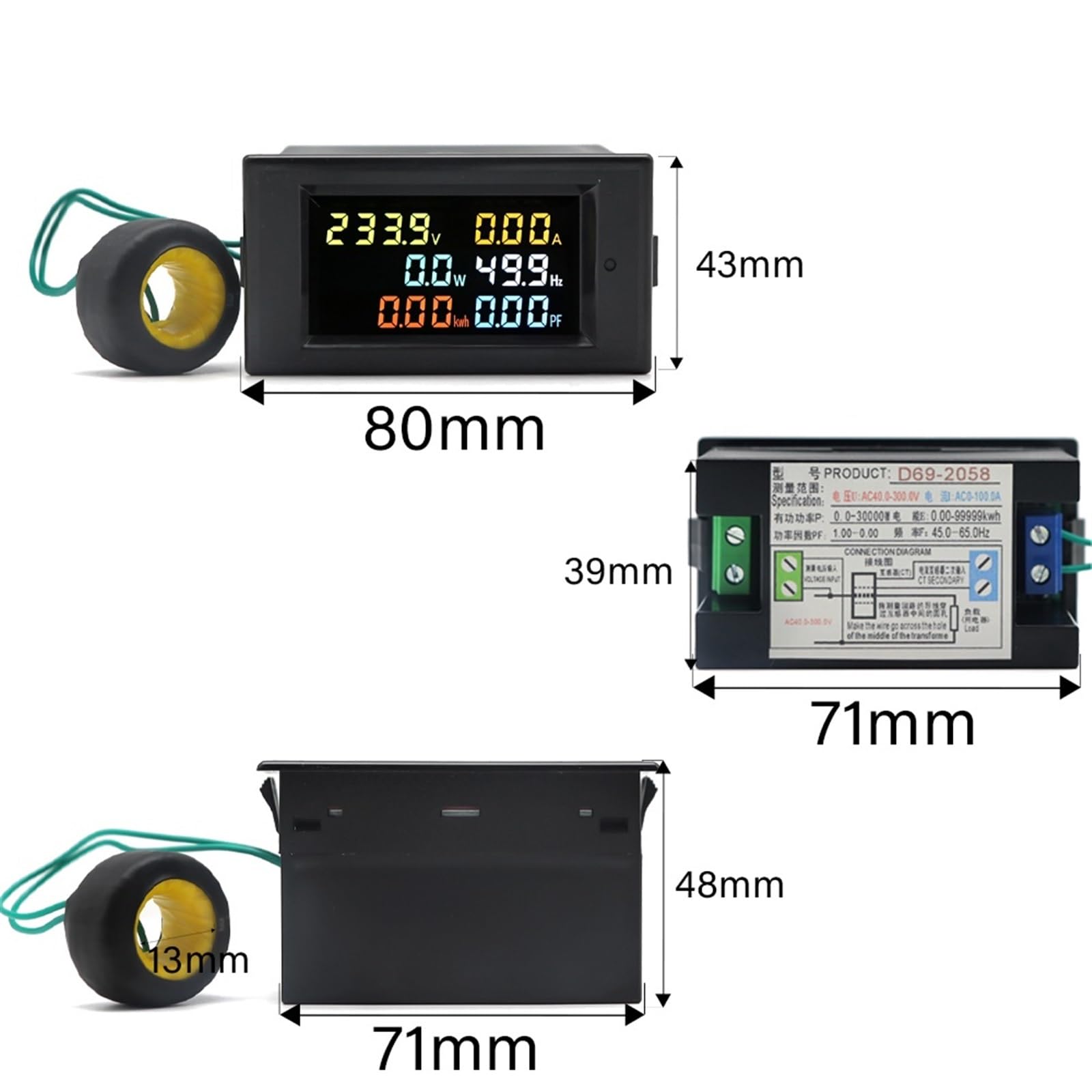 D69-2058 Voltímetro Amperímetro de Corriente Factor de Potencia Energía eléctrica Medidor de frecuencia Panel Digital Vatímetro Volt AMP (Size : AC 40-300V)