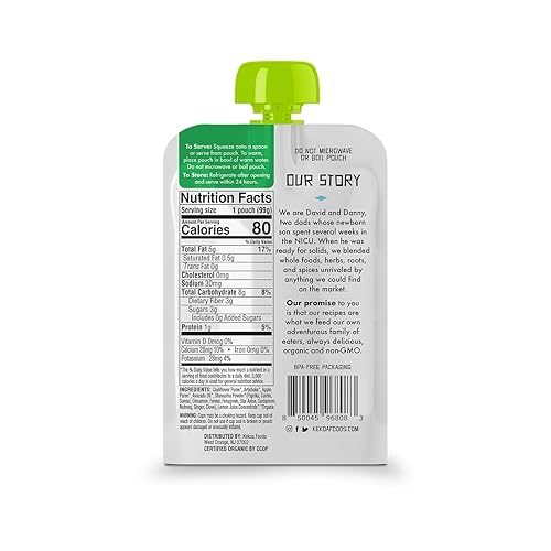 Miniatura 2 de Kekoa Foods Puré de comida vegetariana 100% orgánica para bebés, sin gluten, vegano, bolsa exprimible de 3.5 onzas (Shawarma, alcachofa y coliflor,