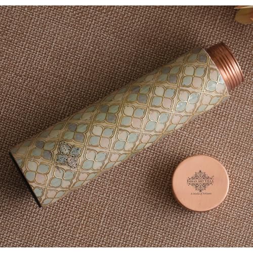 Image of INDIAN ART VILLA Copper Gold Print Copper Bottle, Copper Drinkware, 800 ML, Gold Printed White