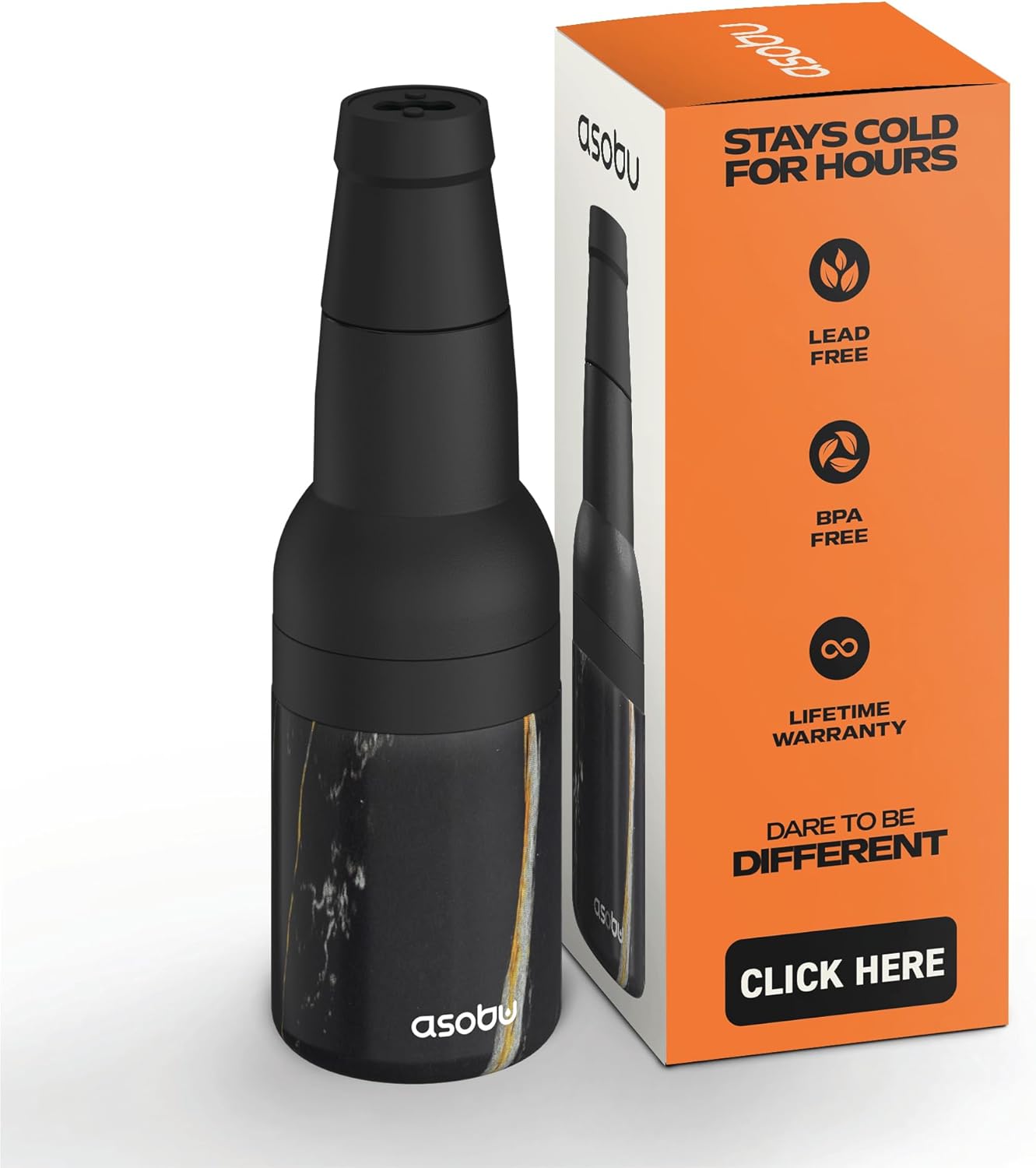 Asobu Frosty Beer Holder 2 Go Vacuum Insulated Double Walled Stainless Steel Beer Can and Bottle Cooler with Beer Opener, Bpa Free, Fits Standard 12oz Bottles, Gift for Beer Lovers (Midnight Marble)