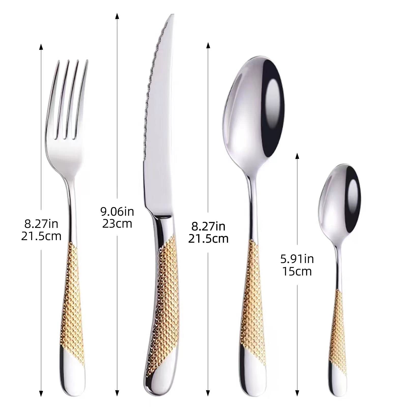 16-Piece Hammered Silver Gold Silverware Set,Modern 18/10 Stainless Steel Flatware Set,Cutlery Set,Tableware Set, Kitchen Utensil Set Service for 4, Knives Forks Spoons Set