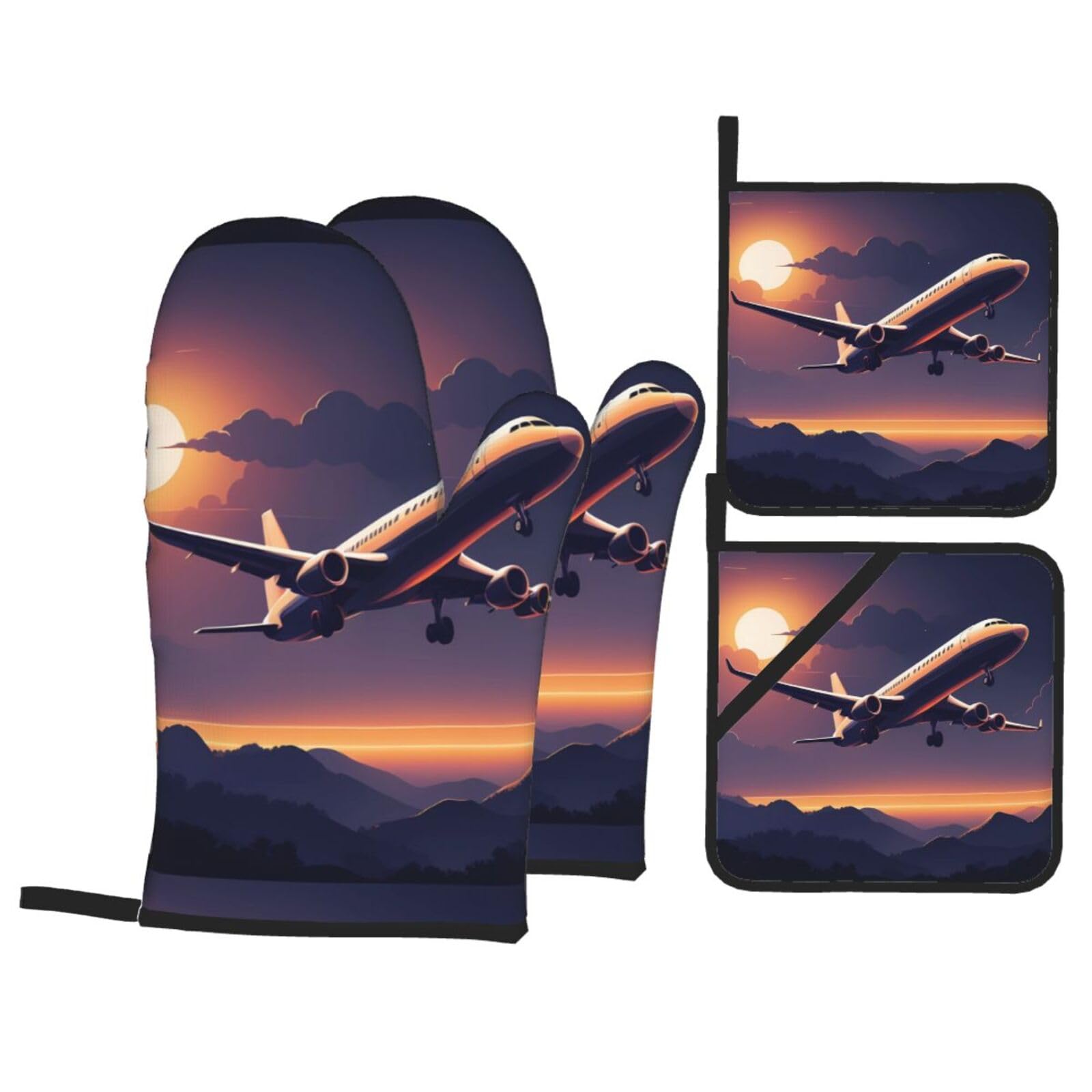 HJFCZH Airplane in The Evening Light Picture Kitchen Baking Set of 4 Thick Insulated Oven Mitt & Pot Holders, Anti-Scalding for Microwave, Oven, Outdoor BBQ